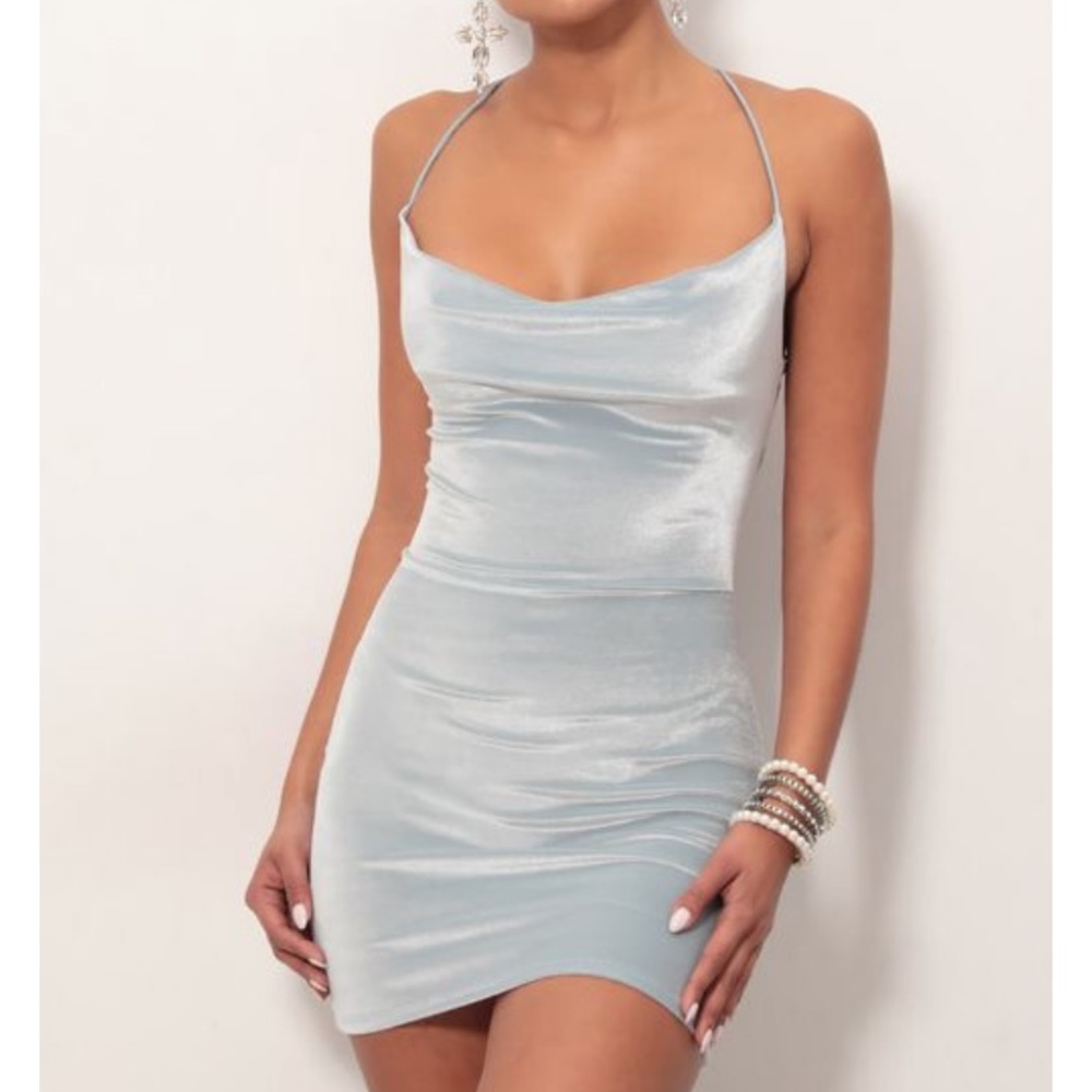 lucy in the sky cowl neck velvet dress in light blue